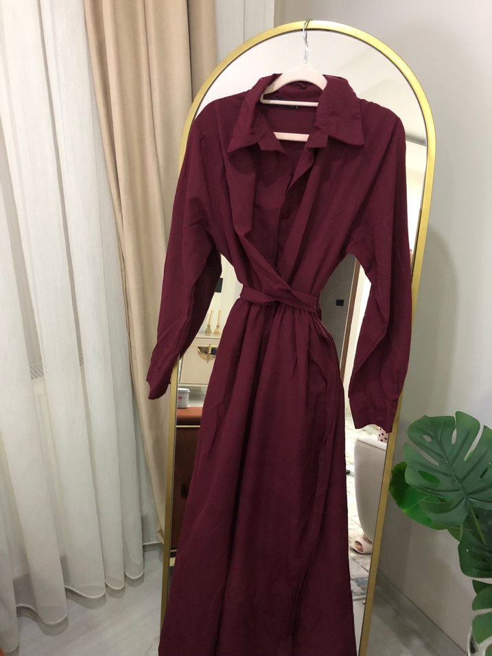 Bordo Uzun Kollu Pamuklu Salaş Elbise - Görsel 3