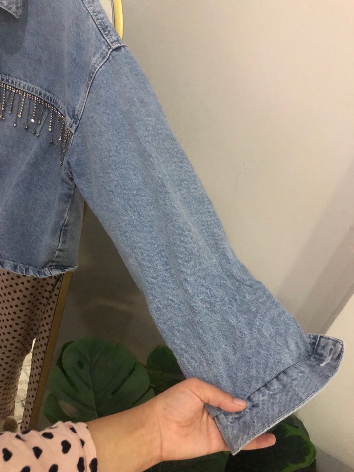 Düğmeli Mini Mavi taşlı Kot Ceket - Görsel 3