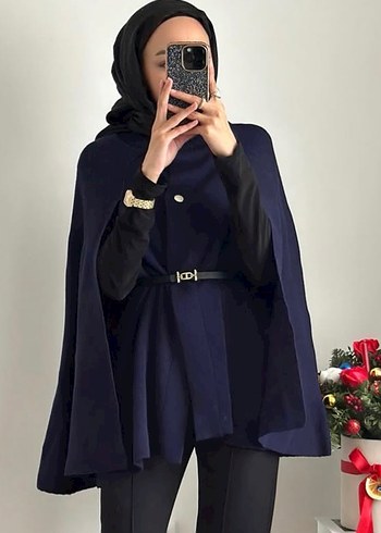 Kadın Lacivert Kemerli Midi Panço - Görsel 2