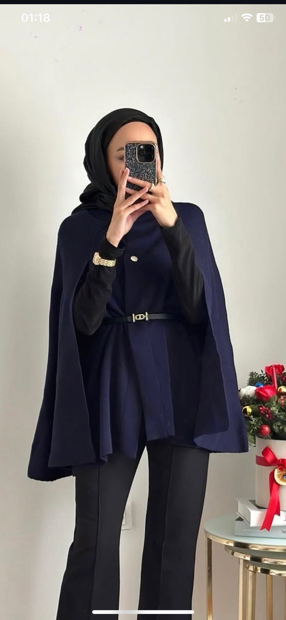 Kadın Lacivert Kemerli Midi Panço - Görsel 2