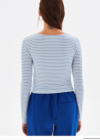 Adl kruvaze yaka uzun kollu çizgili bluz - Görsel 2