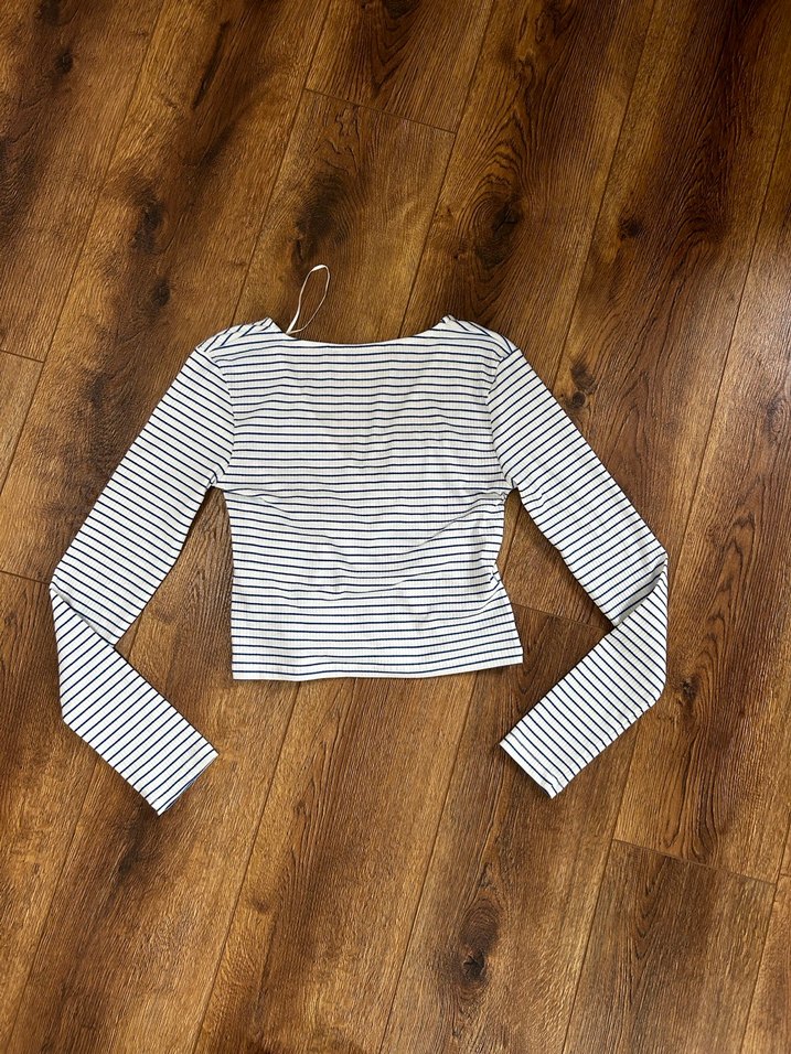 Adl kruvaze yaka uzun kollu çizgili bluz - Görsel 4