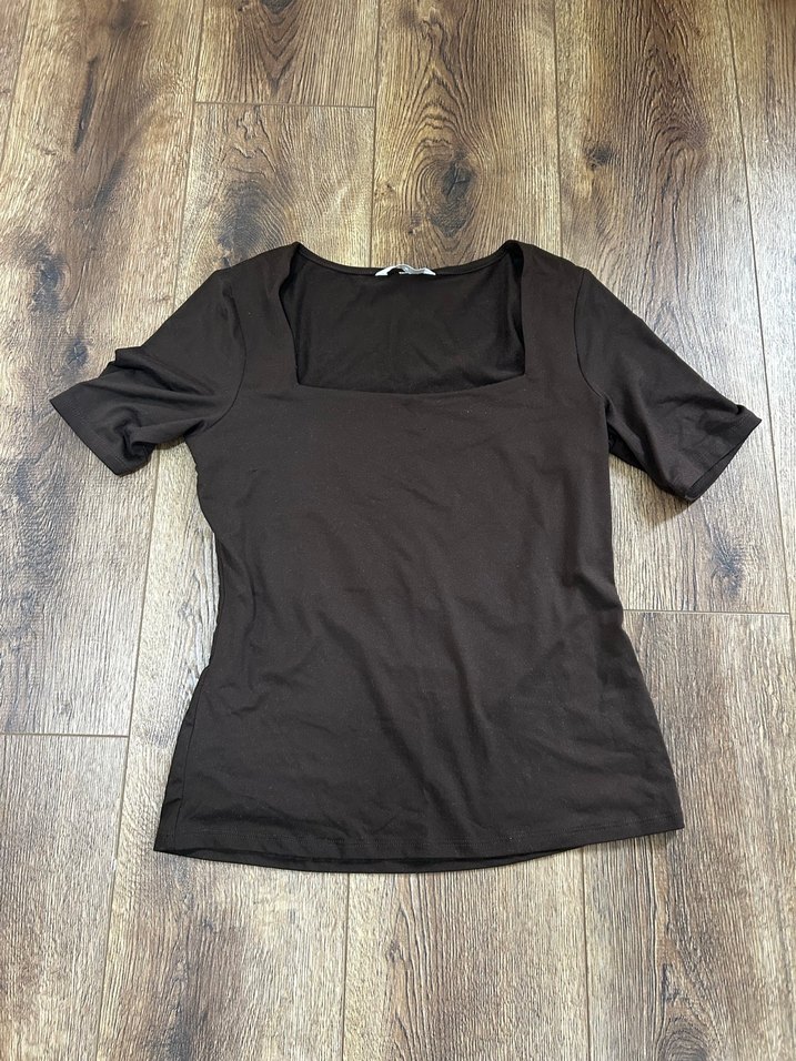 H&M Kahverengi kare yaka Kısa Kollu Bluz - Görsel 3