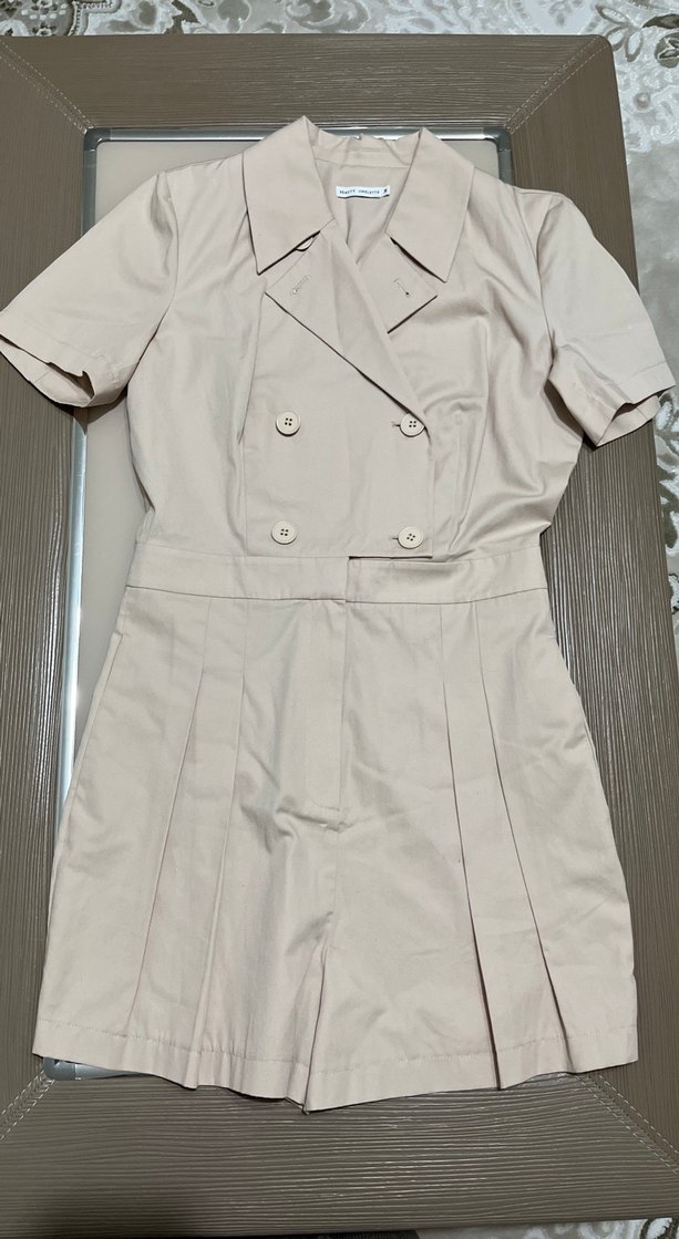 Bej Kadın Kısa Tulum, Kısa Kollu, Düğmeli - Görsel 2