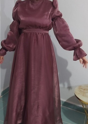 Bordo Parlak Uzun Kollu Drapeli Abiye Elbise