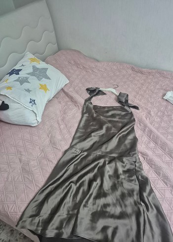 Zara Gri Uzun Drapeli Halter Yaka Abiye Elbise