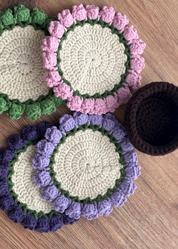 El Yapımı Örgü Çiçekli Bardak Altlığı ve Saksısı - Görsel 2