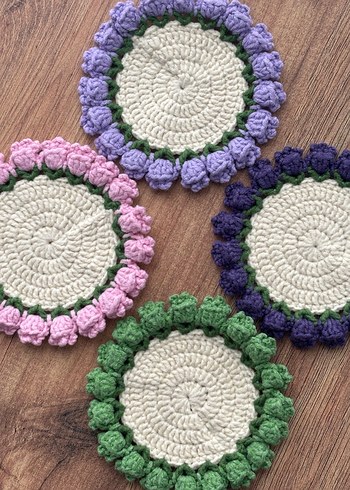 El Yapımı Örgü Çiçekli Bardak Altlığı ve Saksısı - Görsel 5