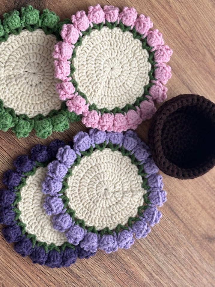 El Yapımı Örgü Çiçekli Bardak Altlığı ve Saksısı - Görsel 2