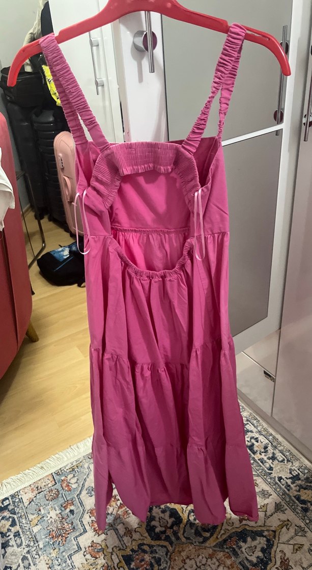 Pembe Uzun Askılı Fırfırlı Kadın Elbise - Görsel 2