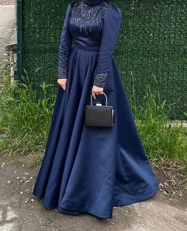 Nakışlı Lacivert Uzun Abiye Elbise - Görsel 2