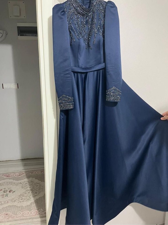 Nakışlı Lacivert Uzun Abiye Elbise - Görsel 3