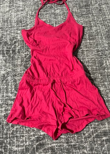 Pembe Straplez Keten Mini Tulum - Görsel 2