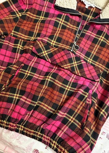 Pembe Ekose Fermuarlı Kadın Mont Kazak - Görsel 5