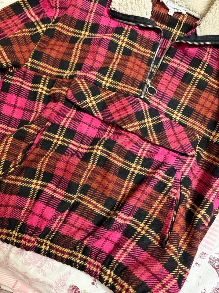 Pembe Ekose Fermuarlı Kadın Mont Kazak - Görsel 5