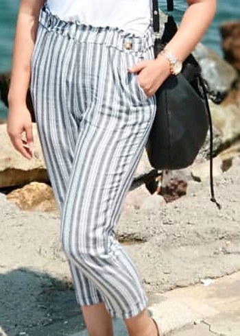 Düğmeli Gri Çizgili Bohem Kadın Pantolon - Görsel 4