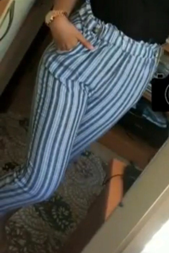 Düğmeli Gri Çizgili Bohem Kadın Pantolon - Görsel 3