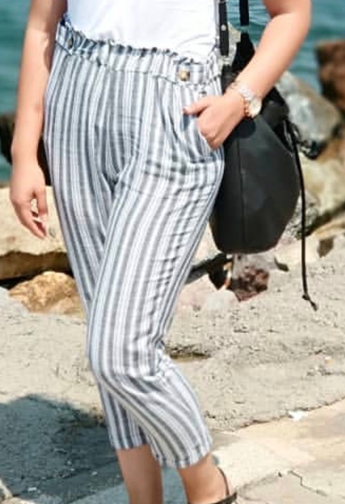 Düğmeli Gri Çizgili Bohem Kadın Pantolon - Görsel 4