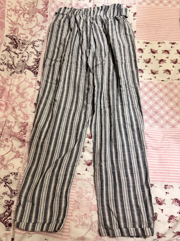 Düğmeli Gri Çizgili Bohem Kadın Pantolon - Görsel 2