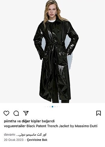 Massimo Dutti Siyah Parlak Deri Trençkot