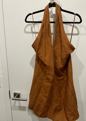 Bej Kadın Mini Süet Halter Yaka Elbise - Görsel 4