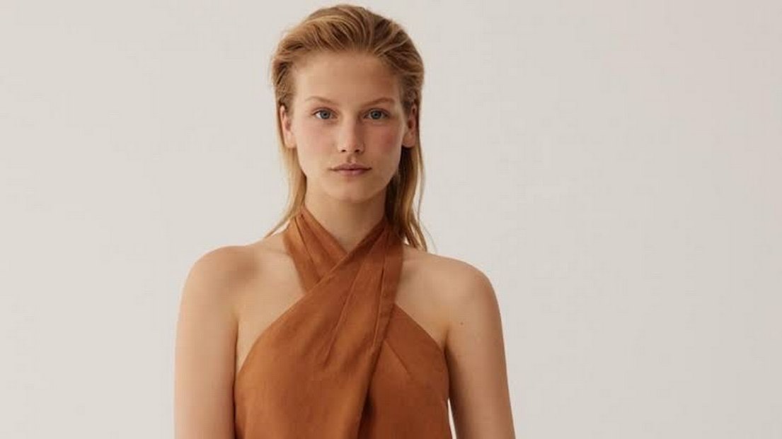 Bej Kadın Mini Süet Halter Yaka Elbise - Görsel 3