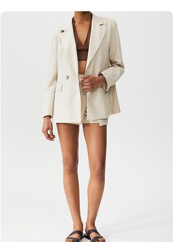 Pull and Bear Ekru Minimal Keten Blazer Sort Takim