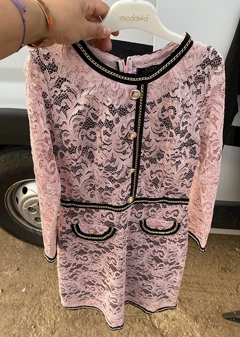 38 Beden Dantel Detaylı Pembe Midi Elbise