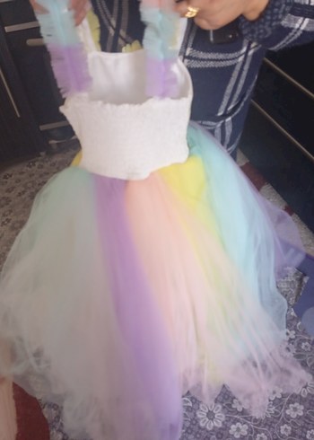 Diğer Kız Çocuk Çok Renkli Tül Elbise Unicorn Desenli