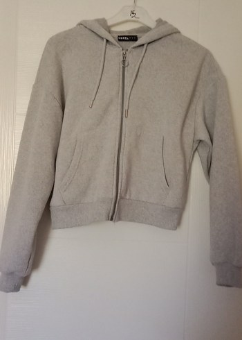 Gri Fermuarlı Kapüşonlu Kadın Sweatshirt