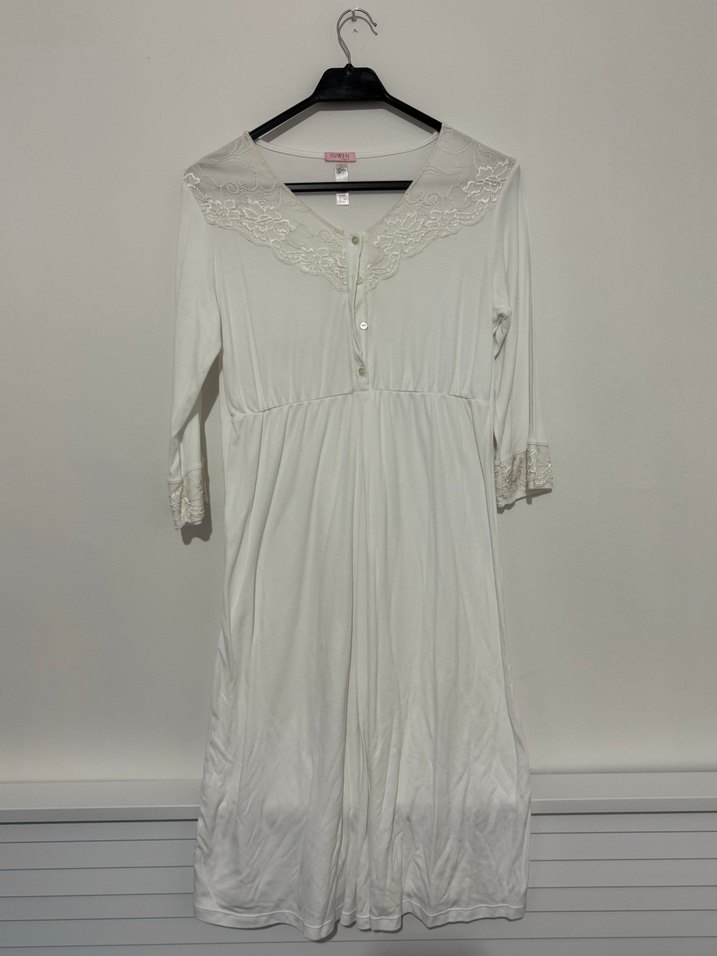 Uzun Kollu Beyaz Bohem Kadın Sabahlık - Görsel 3