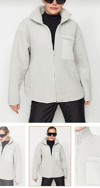 l Beden Gri Fermuarlı Peluş Dik Yaka Sweatshirt