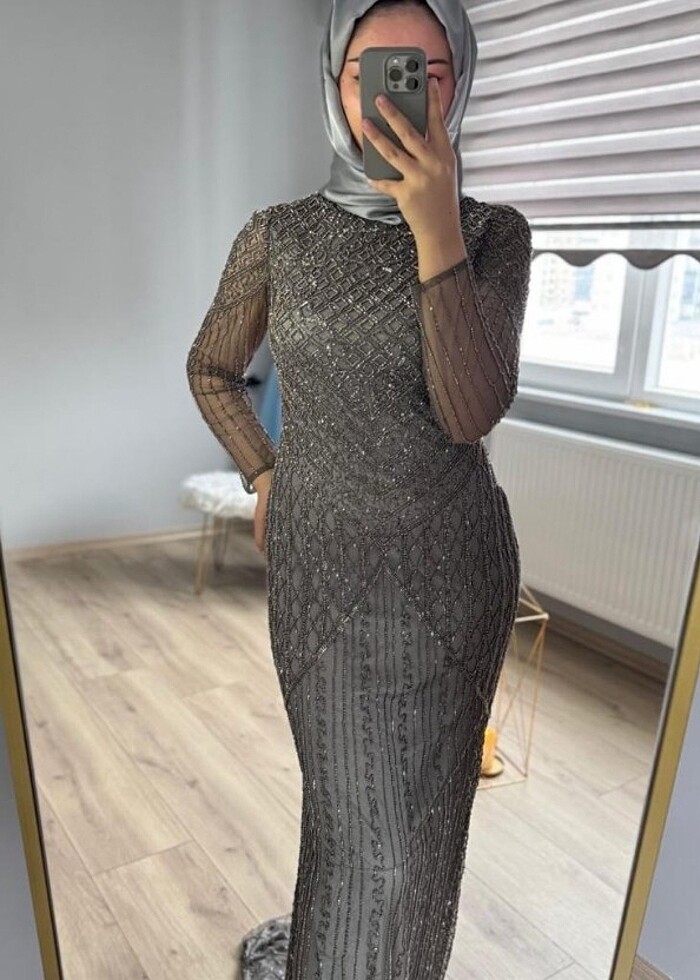 Özel dikim taşlı tesettür abiye  - Görsel 3