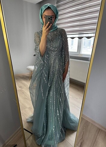 Mont yeşili taşlı tesettür abiye 38 beden  - Görsel 2