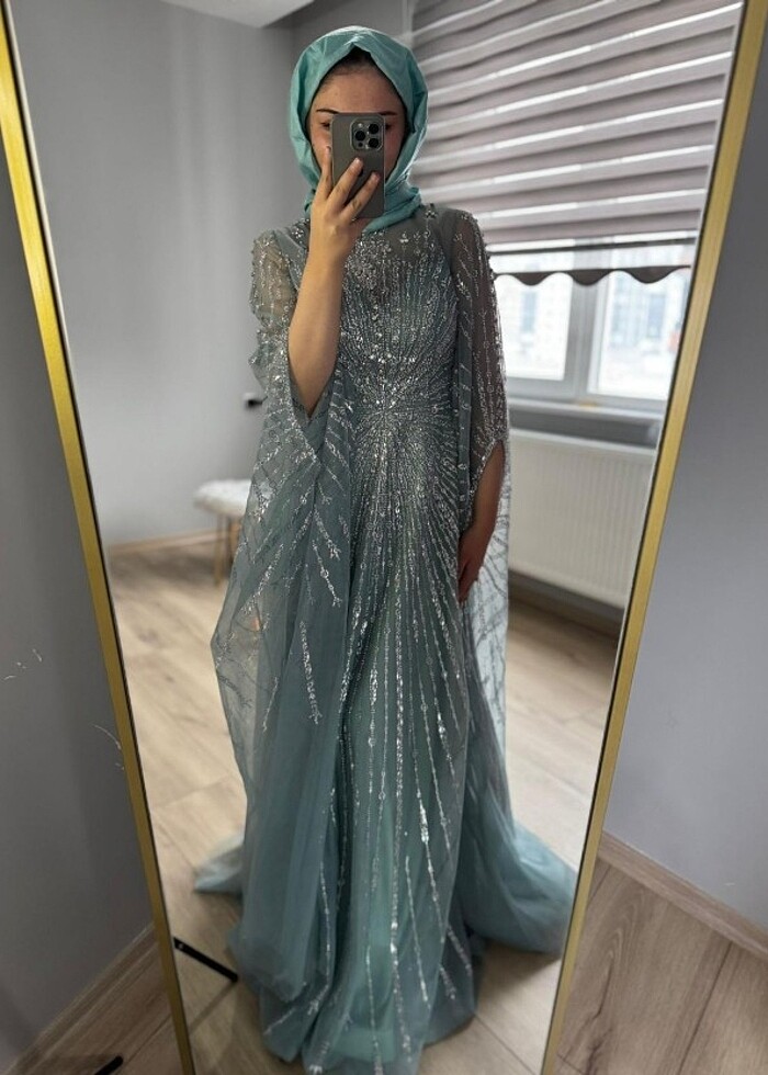 Mont yeşili taşlı tesettür abiye 38 beden  - Görsel 2