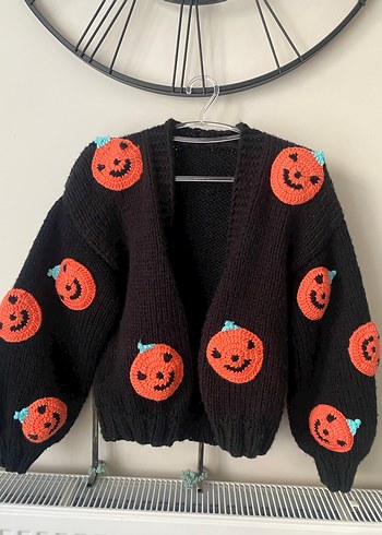 Nakışlı Siyah Triko Midi Hırka- halloween - Görsel 2