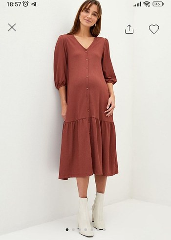 Düğmeli V Yaka Kahverengi Hamile Elbisesi - Görsel 2