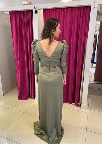 Haki  V Yaka Drapeli Uzun Abiye Elbise - Görsel 8
