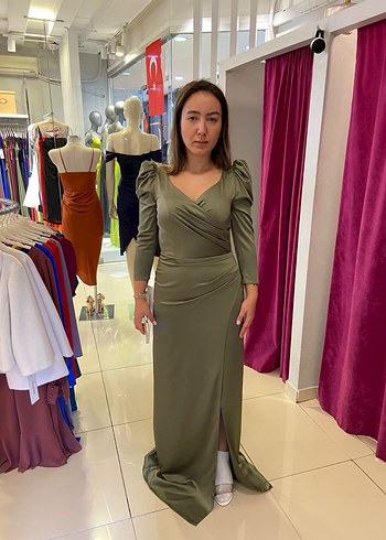 Haki  V Yaka Drapeli Uzun Abiye Elbise - Görsel 10