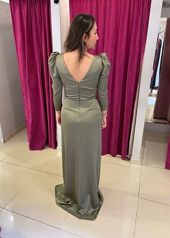 Haki  V Yaka Drapeli Uzun Abiye Elbise - Görsel 9