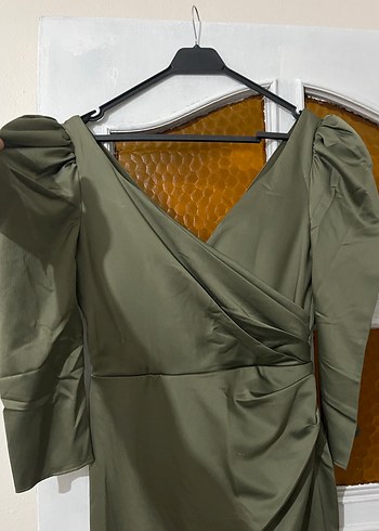 Haki  V Yaka Drapeli Uzun Abiye Elbise - Görsel 6