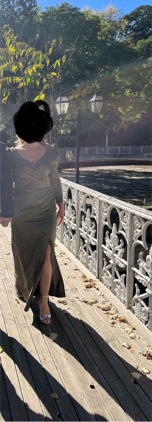 Haki  V Yaka Drapeli Uzun Abiye Elbise - Görsel 2