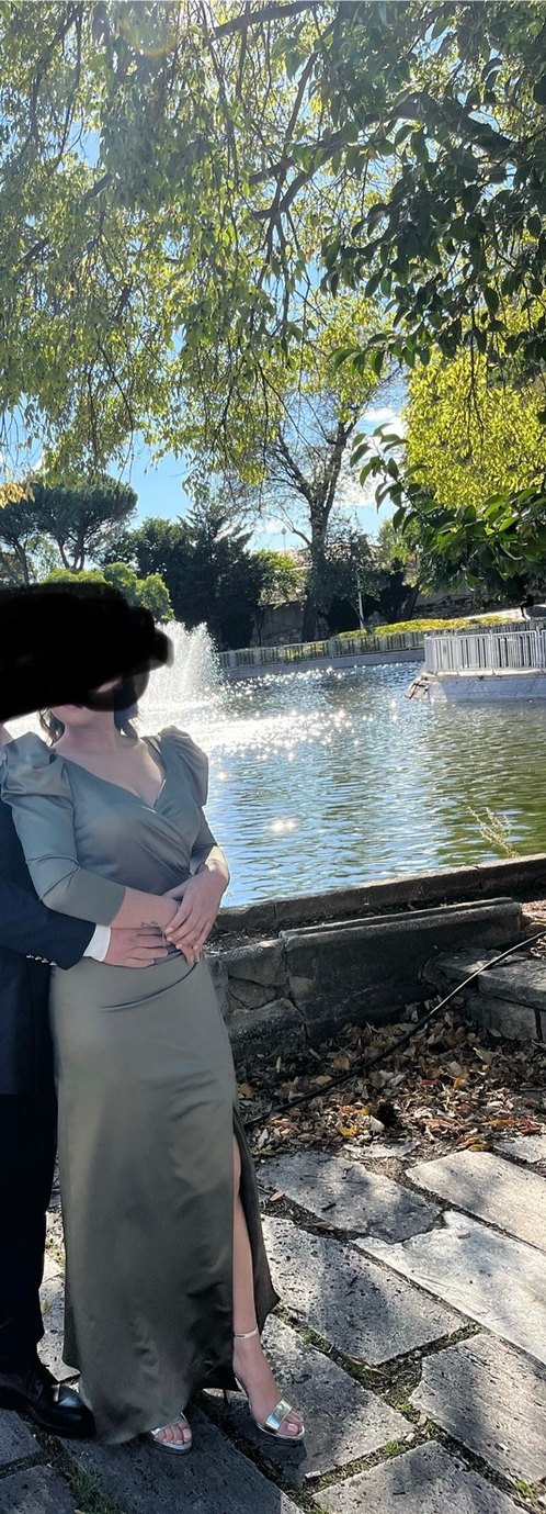 Haki  V Yaka Drapeli Uzun Abiye Elbise - Görsel 3