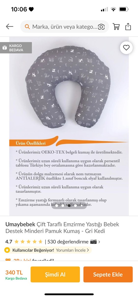 Umaybebek Çift Taraflı Emzirme Yastığı Gri Kedi Desenli - Görsel 3