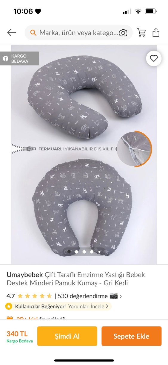 Umaybebek Çift Taraflı Emzirme Yastığı Gri Kedi Desenli - Görsel 2