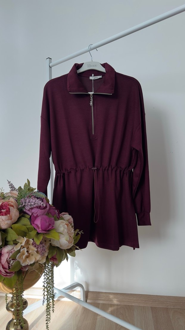 Bordo Yarım Fermuarlı Kısa Tunik - Görsel 3