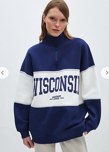 Mavi Baskılı Fermuarlı Kadın Sweatshirt