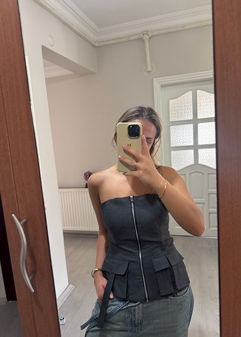 Zara Siyah Kot Kumaşlı Kemerli Straplez Büstiyer