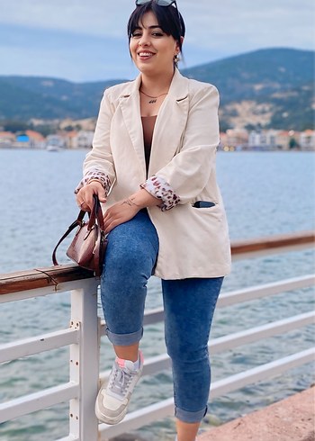 Düğmeli Camel Renkli Denim Blazer - Görsel 2