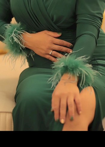 Yeşil Uzun Kollu Drapeli Abiye Elbise - Görsel 2